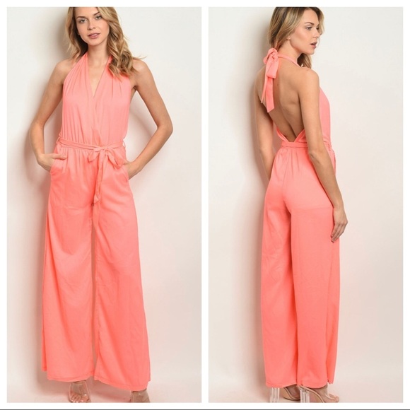 HOT & DELICIOUS coral romper halter neck bare back - Picture 2 of 8